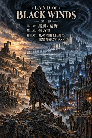 Land of Black Winds cover art: a traveler above the wasteland and the market of bones